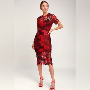 Lulus season of joy red multi lace midi dress size large